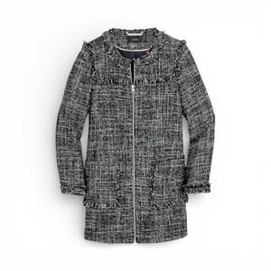 J. CREW Swing Tweed Boucle Lady Coat in Raven Black Size 4 Zip Front Fringe Trim